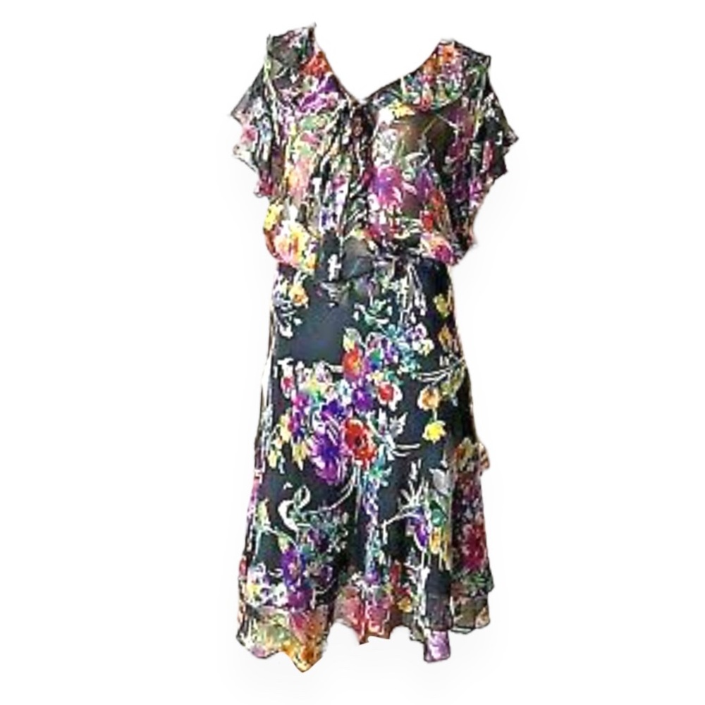Floral Ruffle V-Neck Dress in Black with Multicolor Print